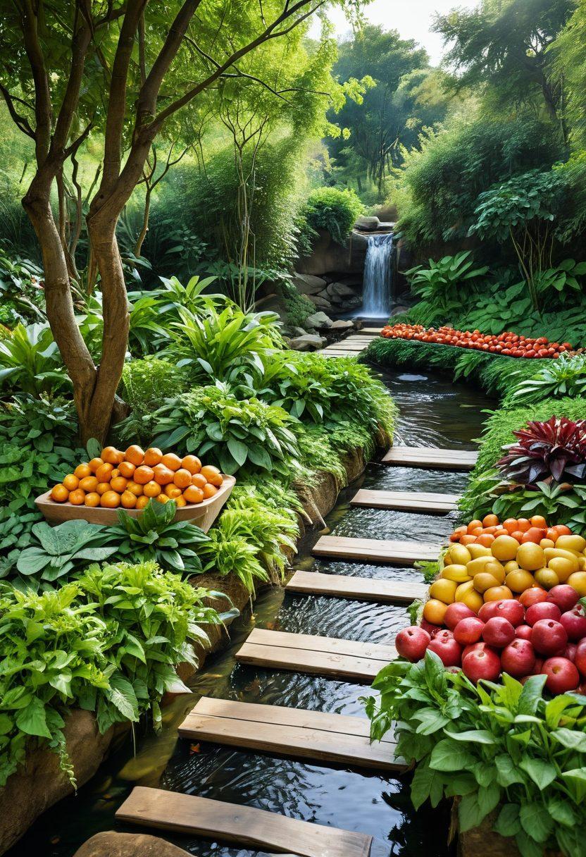 A serene and inspiring wellness path with a diverse group of people meditating and exercising outdoors, surrounded by lush greenery and flowing water. Include symbols of medical expertise like a stethoscope and healthy foods like fruits and vegetables subtly integrated into the scene. The overall atmosphere should evoke positivity, empowerment, and health. vibrant colors. super-realistic.