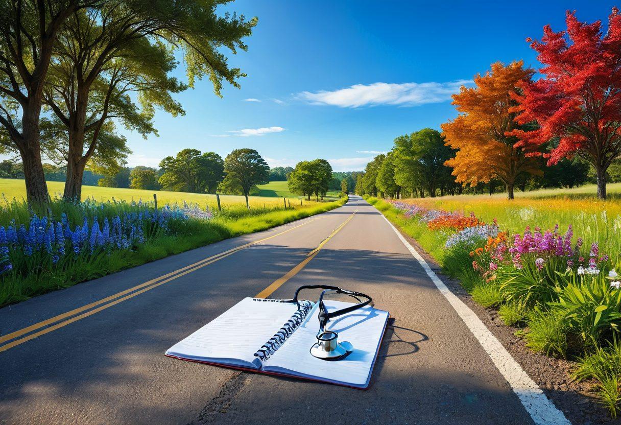 A serene scene featuring an open road leading to a bright horizon symbolizing health and wellness. Include various natural elements like trees, vibrant flowers, and a clear blue sky to evoke positivity. Add subtle visual cues of medical advice, such as a stethoscope resting on the grass or a notepad filled with health insights. The overall mood should be uplifting and inspiring. vibrant colors. super-realistic.