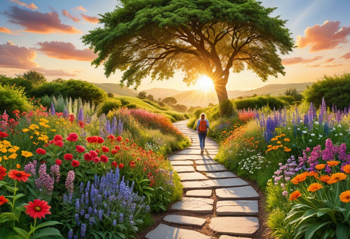 A serene landscape featuring a winding path surrounded by lush greenery and colorful flowers, leading towards a bright sunrise symbolizing hope and better health. Along the path, visible signposts with words like 'Nutrition', 'Exercise', 'Mental Health', and 'Wellness', encouraging a holistic approach. A person walking joyfully on the path, embodying vitality and positivity. super-realistic. vibrant colors. white background.